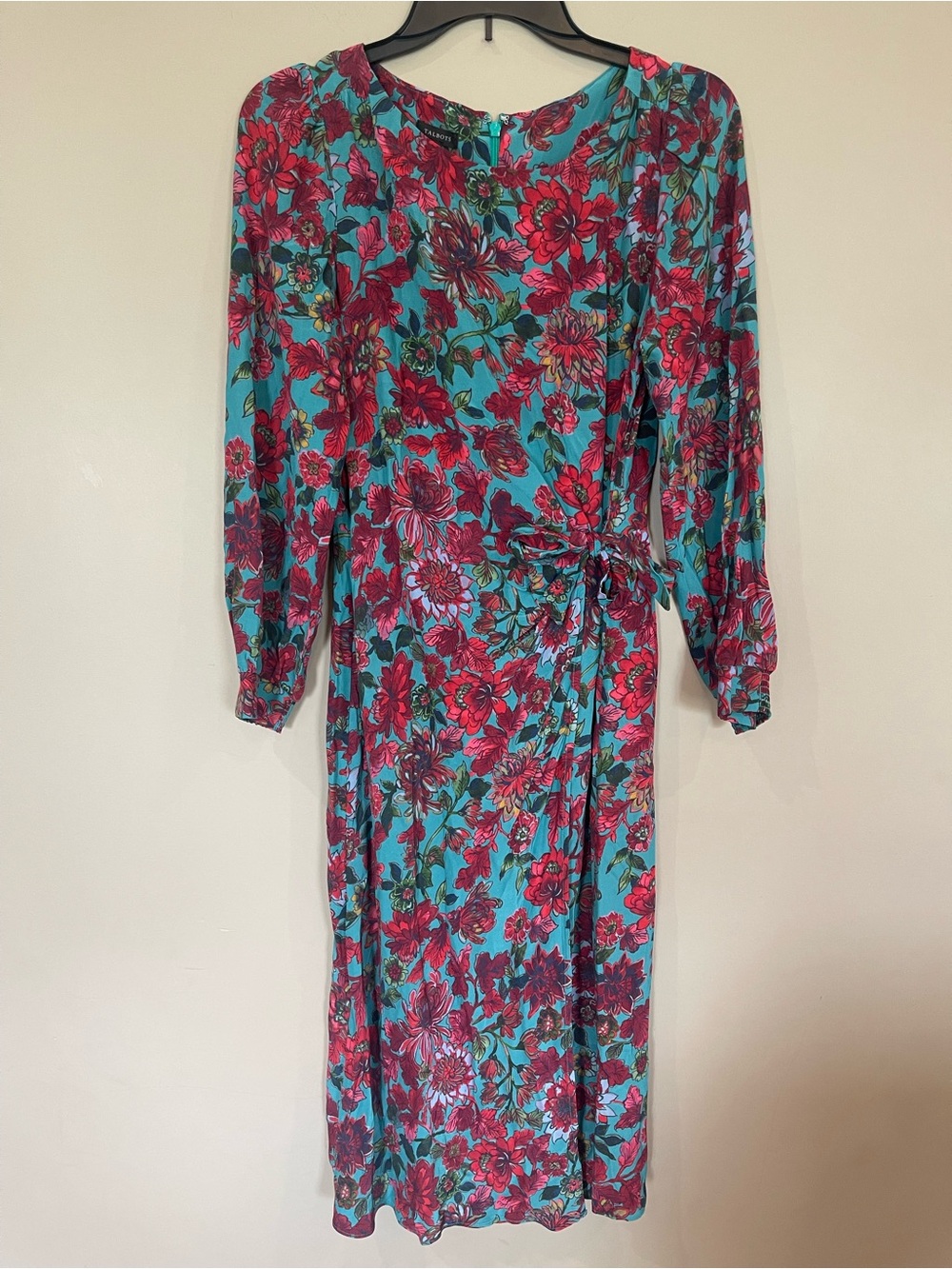 Talbots Teal Floral Long-Sleeve Tie-Waist Midi Dress